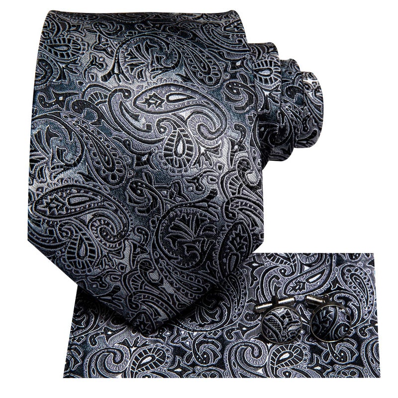 Hi-Tie Men 63inches Tie Set Extra Long Necktie Paisley Tie Pocket Suqare Cufflinks Big and Tall Men Tie,Black Grey - Image 2